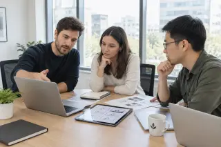 Three people in a modern office discuss a video project brief around a table with laptops and documents in natural daylight.