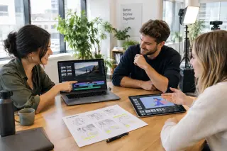 Three colleagues discussing video formats around a table with a laptop, a tablet displaying graphics, and a storyboard, in a bright modern office with plants and video equipment.